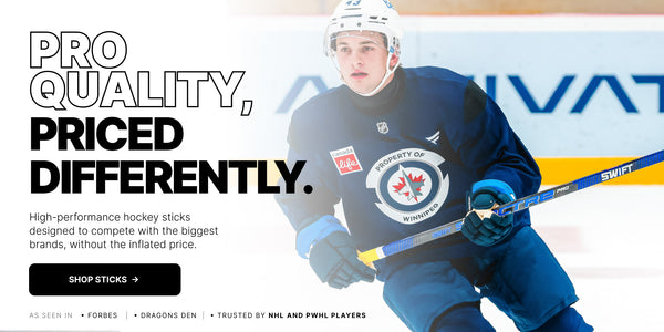 A hockey player in a dark blue Winnipeg Jets jersey skates on an ice rink while holding a hockey stick. Large promotional text on the left reads 'PRO QUALITY, PRICED DIFFERENTLY.